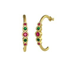 Minimal 5 Taşlı Küpe - Rodolit garnet ve yeşil kuvars 18 ayar altın küpe #1ilh847