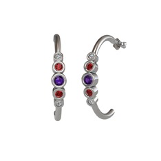 Ametist, garnet ve swarovski 8 ayar beyaz altın küpe