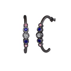 Minimal 5 Taşlı Küpe - Swarovski, lab safir ve pembe kuvars 925 ayar siyah rodyum kaplama gümüş küpe #1k1y8ns