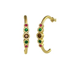 Minimal 5 Taşlı Küpe - Dumanlı kuvars, yeşil kuvars ve rodolit garnet 18 ayar altın küpe #1k9txbr