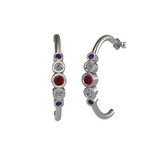 Minimal 5 Taşlı Küpe - Kök yakut, pırlanta ve ametist 18 ayar beyaz altın küpe (0.08 karat) #1kmndib