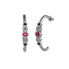 Minimal 5 Taşlı Küpe - Rodolit garnet, pırlanta ve lab safir 18 ayar beyaz altın küpe (0.08 karat) #1kni80j