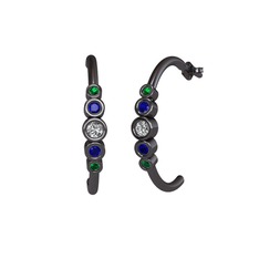 Minimal 5 Taşlı Küpe - Swarovski, lab safir ve yeşil kuvars 925 ayar siyah rodyum kaplama gümüş küpe #1kuwbq0