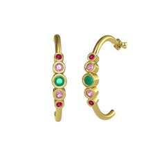 Minimal 5 Taşlı Küpe - Kök zümrüt, pembe kuvars ve rodolit garnet 8 ayar altın küpe #1l3ky9s