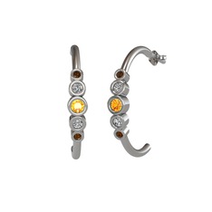 Minimal 5 Taşlı Küpe - Sitrin, swarovski ve dumanlı kuvars 14 ayar beyaz altın küpe #1lz147o