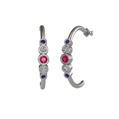 Minimal 5 Taşlı Küpe - Rodolit garnet, swarovski ve ametist 14 ayar beyaz altın küpe #1n3aiyz