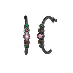 Pembe kuvars, dumanlı kuvars ve yeşil kuvars 925 ayar siyah rodyum kaplama gümüş küpe