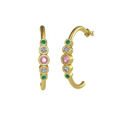 Minimal 5 Taşlı Küpe - Pembe kuvars, beyaz zirkon ve kök zümrüt 8 ayar altın küpe #1obdlwj