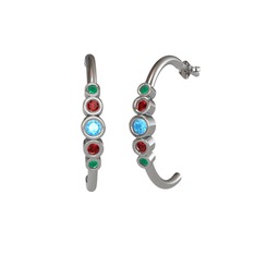 Akuamarin, garnet ve kök zümrüt 8 ayar beyaz altın küpe