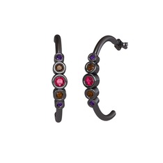 Minimal 5 Taşlı Küpe - Rodolit garnet, dumanlı kuvars ve ametist 925 ayar siyah rodyum kaplama gümüş küpe #1orfu2f