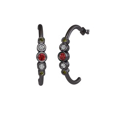 Minimal 5 Taşlı Küpe - Garnet, beyaz zirkon ve peridot 925 ayar siyah rodyum kaplama gümüş küpe #1q86v36