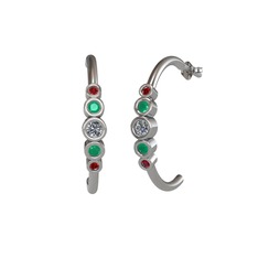 Minimal 5 Taşlı Küpe - Pırlanta, kök zümrüt ve garnet 8 ayar beyaz altın küpe (0.12 karat) #1qee3fe