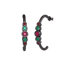 Minimal 5 Taşlı Küpe - Rodolit garnet, kök zümrüt ve garnet 925 ayar siyah rodyum kaplama gümüş küpe #1rby10y