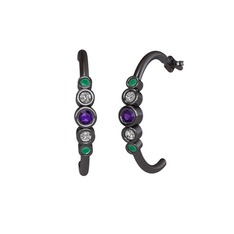 Minimal 5 Taşlı Küpe - Ametist, swarovski ve kök zümrüt 925 ayar siyah rodyum kaplama gümüş küpe #1rby6tt