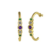 Minimal 5 Taşlı Küpe - Ametist, pırlanta ve yeşil kuvars 18 ayar altın küpe (0.08 karat) #1roy8co