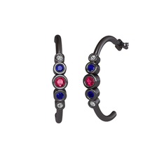 Rodolit garnet, lab safir ve beyaz zirkon 925 ayar siyah rodyum kaplama gümüş küpe