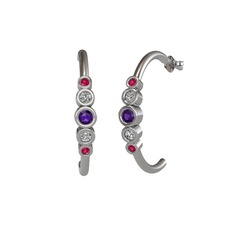 Minimal 5 Taşlı Küpe - Ametist, swarovski ve rodolit garnet 14 ayar beyaz altın küpe #1sq013k