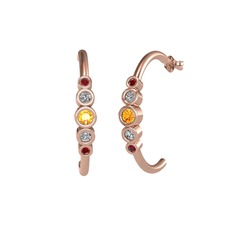 Minimal 5 Taşlı Küpe - Sitrin, beyaz zirkon ve garnet 14 ayar rose altın küpe #1st8837