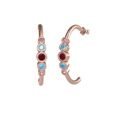 Kök yakut, akuamarin ve pembe kuvars 8 ayar rose altın küpe