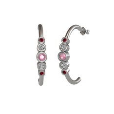 Minimal 5 Taşlı Küpe - Pembe kuvars, swarovski ve kök yakut 14 ayar beyaz altın küpe #1u64330