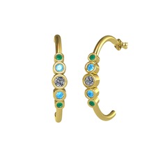 Minimal 5 Taşlı Küpe - Pırlanta, akuamarin ve kök zümrüt 8 ayar altın küpe (0.12 karat) #1uff21o