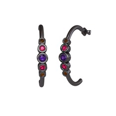 Minimal 5 Taşlı Küpe - Ametist, rodolit garnet ve dumanlı kuvars 925 ayar siyah rodyum kaplama gümüş küpe #1ufv0xa