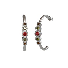Minimal 5 Taşlı Küpe - Garnet, peridot ve dumanlı kuvars 18 ayar beyaz altın küpe #1vtnc50