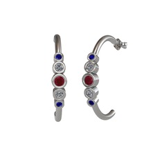 Kök yakut, pırlanta ve lab safir 8 ayar beyaz altın küpe (0.08 karat)