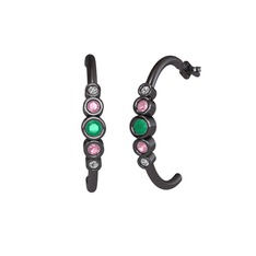 Minimal 5 Taşlı Küpe - Kök zümrüt, pembe kuvars ve beyaz zirkon 925 ayar siyah rodyum kaplama gümüş küpe #1xbkrua