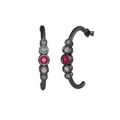 Rodolit garnet, swarovski ve pırlanta 925 ayar siyah rodyum kaplama gümüş küpe (0.08 karat)