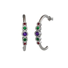 Minimal 5 Taşlı Küpe - Ametist, yeşil kuvars ve kök yakut 8 ayar beyaz altın küpe #1xon752