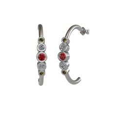 Minimal 5 Taşlı Küpe - Garnet, pırlanta ve peridot 14 ayar beyaz altın küpe (0.08 karat) #1ycqst3