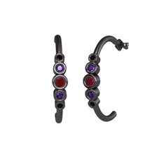 Minimal 5 Taşlı Küpe - Kök yakut, ametist ve siyah zirkon 925 ayar siyah rodyum kaplama gümüş küpe #26rw96