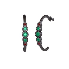 Minimal 5 Taşlı Küpe - Kök zümrüt ve garnet 925 ayar siyah rodyum kaplama gümüş küpe #2l9pbx