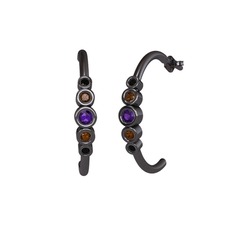 Minimal 5 Taşlı Küpe - Ametist, dumanlı kuvars ve siyah zirkon 925 ayar siyah rodyum kaplama gümüş küpe #2tzl3t