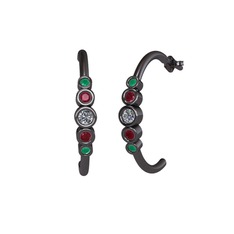 Minimal 5 Taşlı Küpe - Pırlanta, kök yakut ve kök zümrüt 925 ayar siyah rodyum kaplama gümüş küpe (0.12 karat) #303l0g