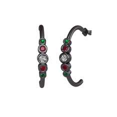 Minimal 5 Taşlı Küpe - Swarovski, kök yakut ve yeşil kuvars 925 ayar siyah rodyum kaplama gümüş küpe #30su1c