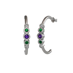 Minimal 5 Taşlı Küpe - Ametist, yeşil kuvars ve swarovski 14 ayar beyaz altın küpe #3a1c0p