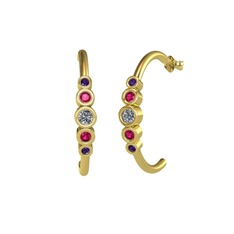 Minimal 5 Taşlı Küpe - Pırlanta, rodolit garnet ve ametist 18 ayar altın küpe (0.12 karat) #3diyx5