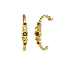 Minimal 5 Taşlı Küpe - Dumanlı kuvars, sitrin ve kök yakut 18 ayar altın küpe #42gybl