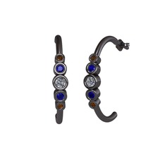 Minimal 5 Taşlı Küpe - Pırlanta, lab safir ve dumanlı kuvars 925 ayar siyah rodyum kaplama gümüş küpe (0.12 karat) #51evti