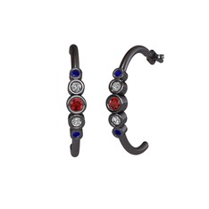 Minimal 5 Taşlı Küpe - Garnet, swarovski ve lab safir 925 ayar siyah rodyum kaplama gümüş küpe #5q42w2