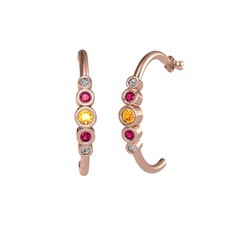 Minimal 5 Taşlı Küpe - Sitrin, rodolit garnet ve beyaz zirkon 18 ayar rose altın küpe #61t27p