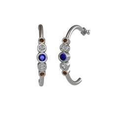 Minimal 5 Taşlı Küpe - Lab safir, swarovski ve dumanlı kuvars 18 ayar beyaz altın küpe #6957xr