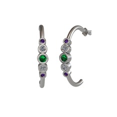 Minimal 5 Taşlı Küpe - Yeşil kuvars, pırlanta ve ametist 8 ayar beyaz altın küpe (0.08 karat) #6i4l7x