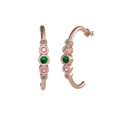 Minimal 5 Taşlı Küpe - Yeşil kuvars, pembe kuvars ve pırlanta 14 ayar rose altın küpe (0.08 karat) #71fmof