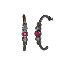 Minimal 5 Taşlı Küpe - Rodolit garnet, pırlanta ve peridot 925 ayar siyah rodyum kaplama gümüş küpe (0.08 karat) #75a45o