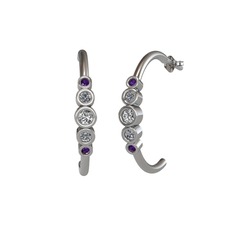 Minimal 5 Taşlı Küpe - Beyaz zirkon, pırlanta ve ametist 18 ayar beyaz altın küpe (0.08 karat) #7piu6f