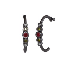 Minimal 5 Taşlı Küpe - Kök yakut, peridot ve swarovski 925 ayar siyah rodyum kaplama gümüş küpe #7ponr3