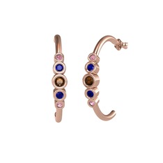 Minimal 5 Taşlı Küpe - Dumanlı kuvars, lab safir ve pembe kuvars 14 ayar rose altın küpe #84g1e5